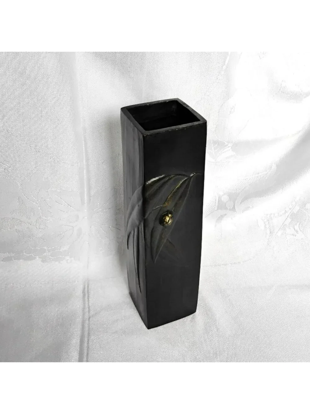 Vintage Japanese Ikebana Vase - MCM Faux Bronze Cast Metal Bamboo Pillar 9